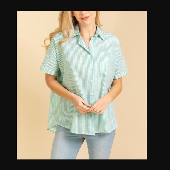 Green & Ivory Short Sleeve Stripes Collard Top - Picture 1 of 4